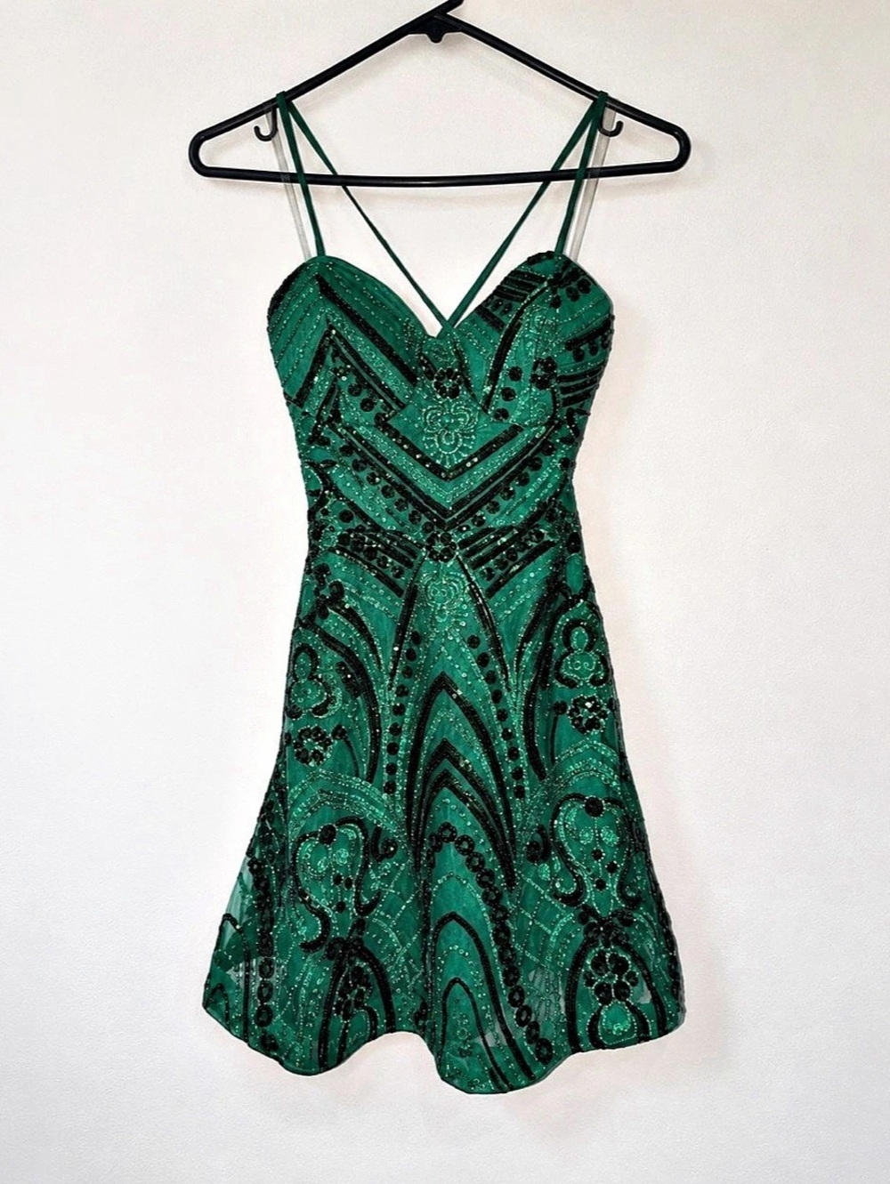 Emerald Green Sequin Lace-Up A-line Mini Dress
